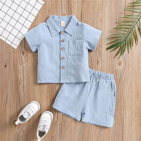 2Pcs Baby Summer Outfit: Shirt + Elastic Waist Shorts