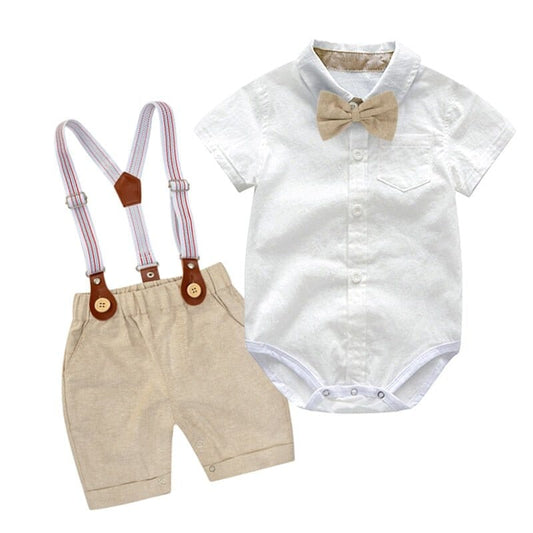 Summer Gentleman Set for Baby Boys: Soft Cotton Romper + Belted Pants